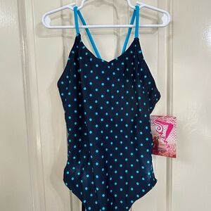 Girls Kanu Surf One Piece Polka Dot Swimsuit Navy Turquoise Size 12 NWT